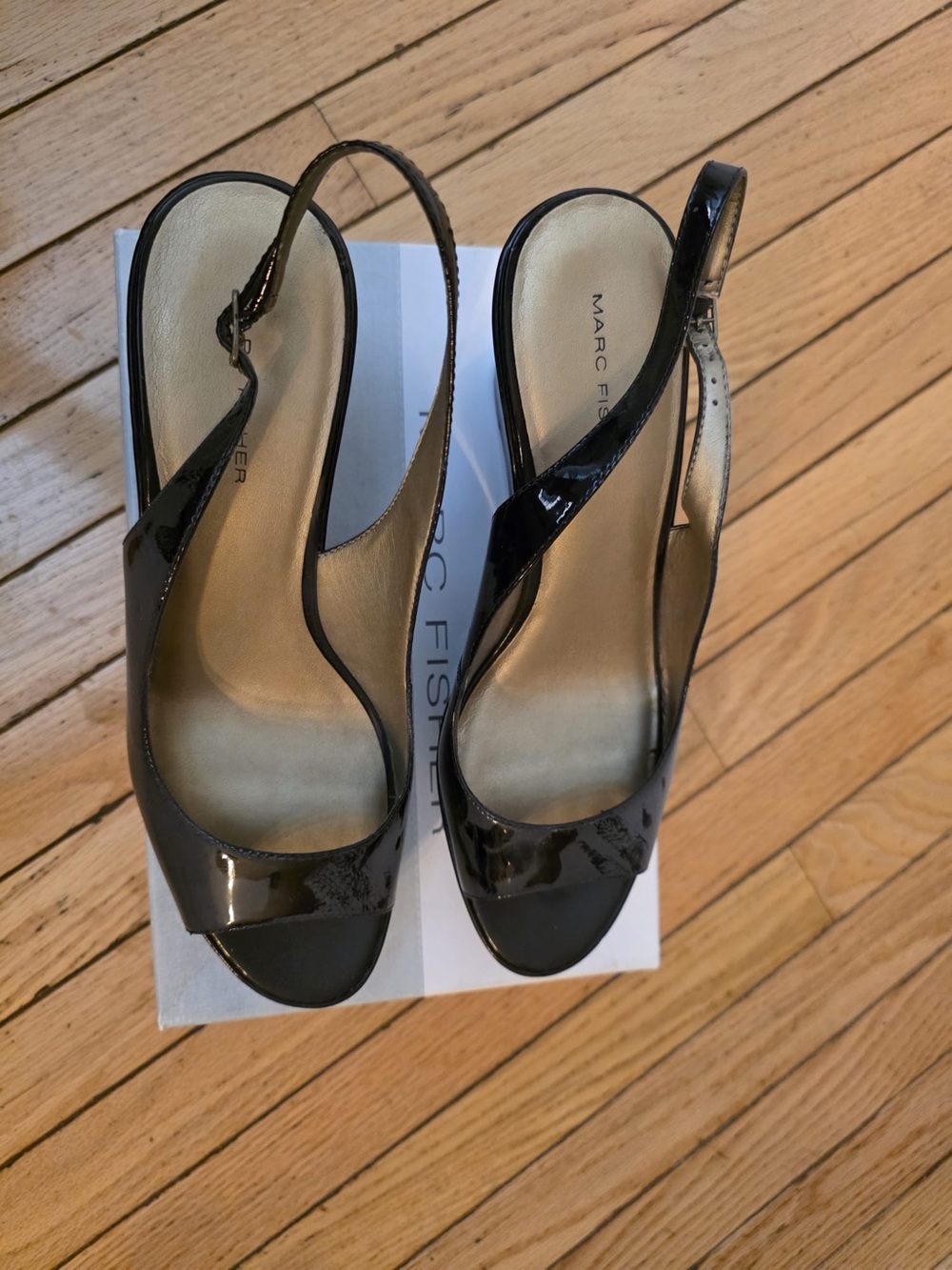 Women’s Marc Fisher Black Patent Slingback Peep-Toe Heels. Sz 10. New